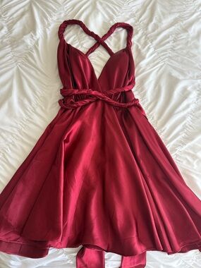 Red Twist-Strap A-Line Silk Dress